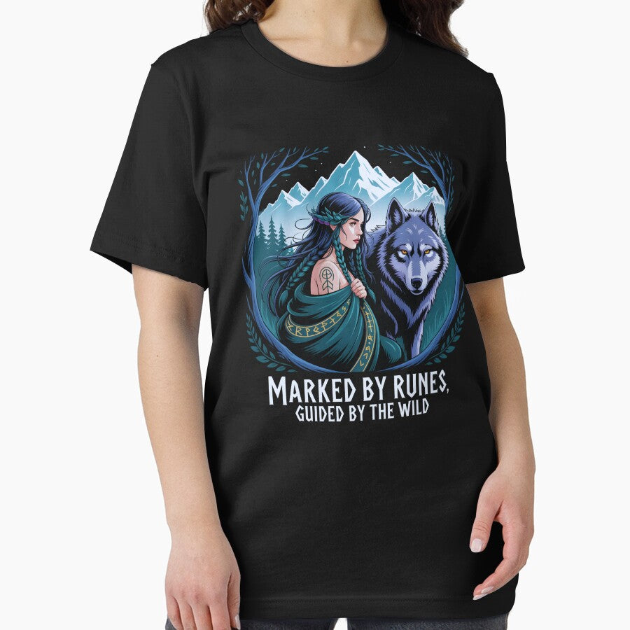 Runes In My Blood – Runic Wolf Woman in Forest Shirt by Slavicsoul