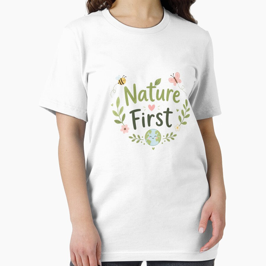 Nature First Cute Eco Earth Design | Kawaii Environmental Quote T-Shirt Sticker Gift by Sanika arts