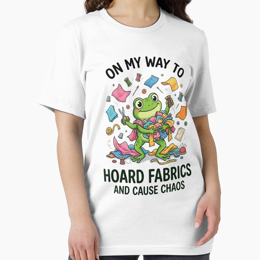 On My Way To Hoard Fabrics And Cause Chaos Funny Sewing Frog Craft Humor Design by bilal sibgui