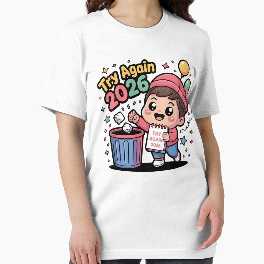 Kawaii Chibi New Year 2026 Cartoon – Cute Character Throwing Old Resolutions, “Try Again 2026” Pastel Vector Art by Ammar Studio