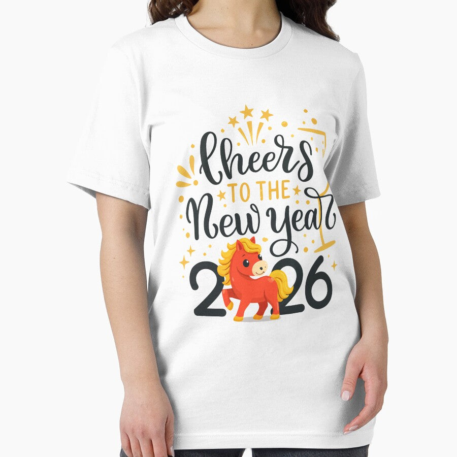 Cheers to the New Year 2026 Cute Horse – Festive New Year Typography Design by OreoStudio