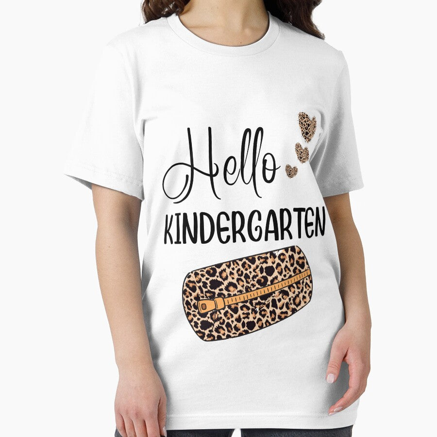 Hello Kindergarten  Back To School Leopard Skin First Day of School for girls by MediTees