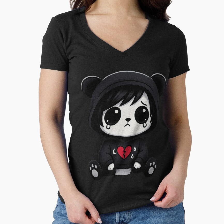 Sad Panda Girl in Broken Heart Hoodie | Cute Emo Kawaii Design by Mewra