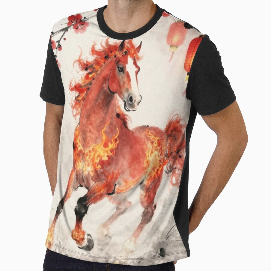 Fiery Red Horse Watercolor – Chinese New Year Lantern & Blossom Art Print by Linda Roisum