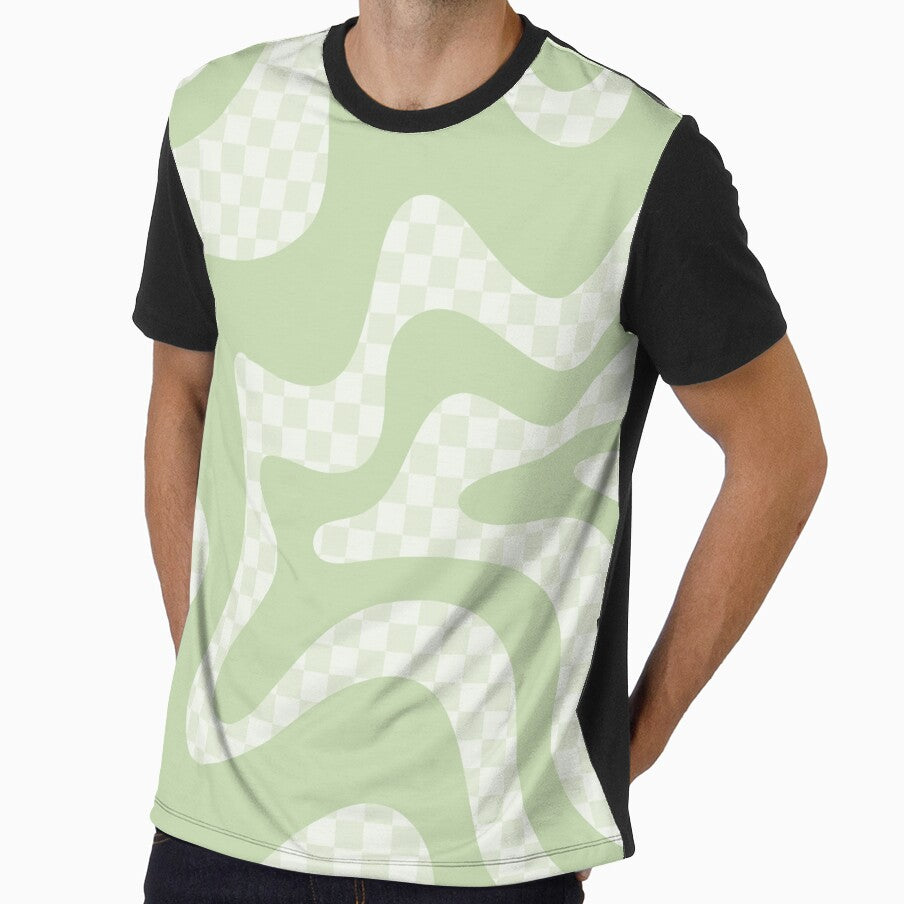 Checked Retro Liquid Swirl Square Pattern in Light Sage Green by kierkegaard