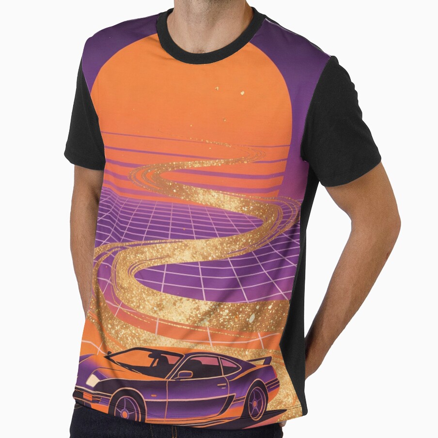 Golden Horizon Driver: Luxury Synthwave Sports Car - 80s Outrun Glitter Road Art by Cherrydora