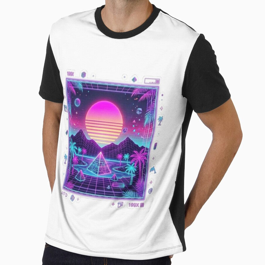 Retro Neon Cyber Pyramid Landscape Art by ajamzbox