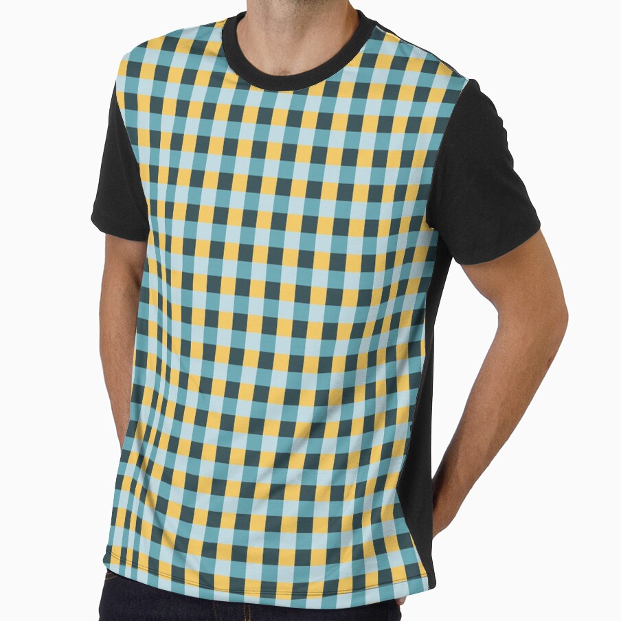 Teal and Gold Gingham Plaid | Modern Blue Yellow Checkered Pattern | Teal Mustard Sky Blue Gingham | Teal Gold Sky Blue Checkered Grid | Modern Farmhouse Blue Gingham by VivaFy