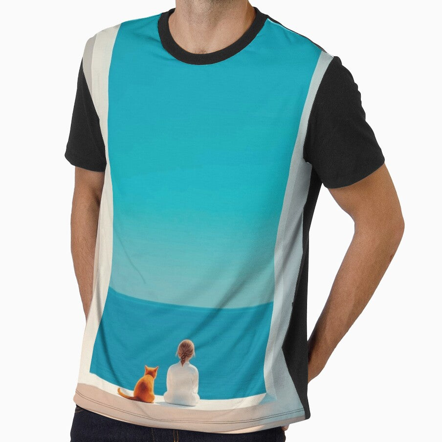 Minimalist Girl and Ginger Cat Gazing at the Blue Ocean Window by Fern & Fable