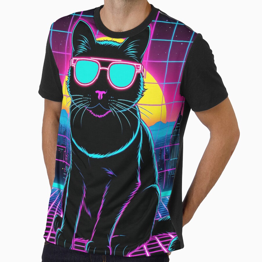 Retro 80s Synthwave Cyberpunk Black Cat by AuraPremiumArt