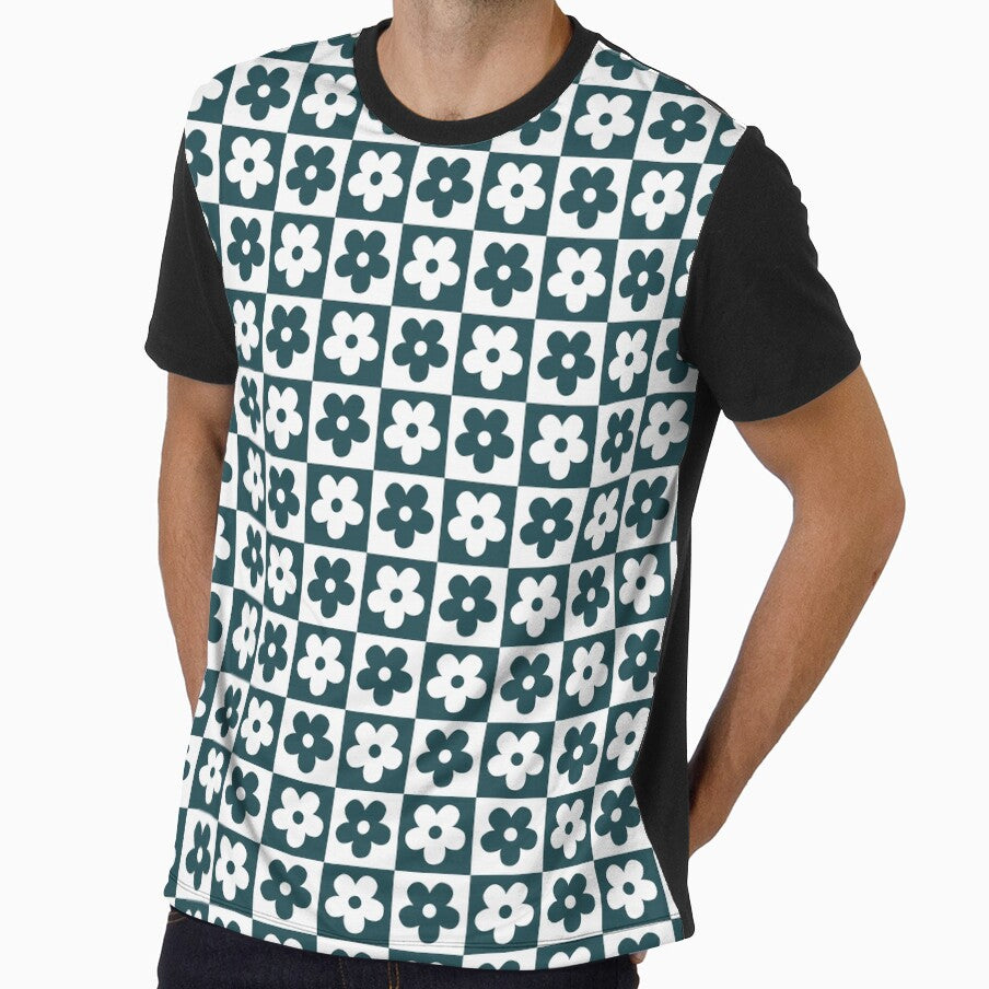 Dark Teal Checkerboard Daisy Pattern | Emerald Green Retro Flower Checker | Aesthetic Forest Green Floral Grid | Dark Teal Mod Floral Pattern | Preppy Forest Green Checkered Daisy by VivaFy