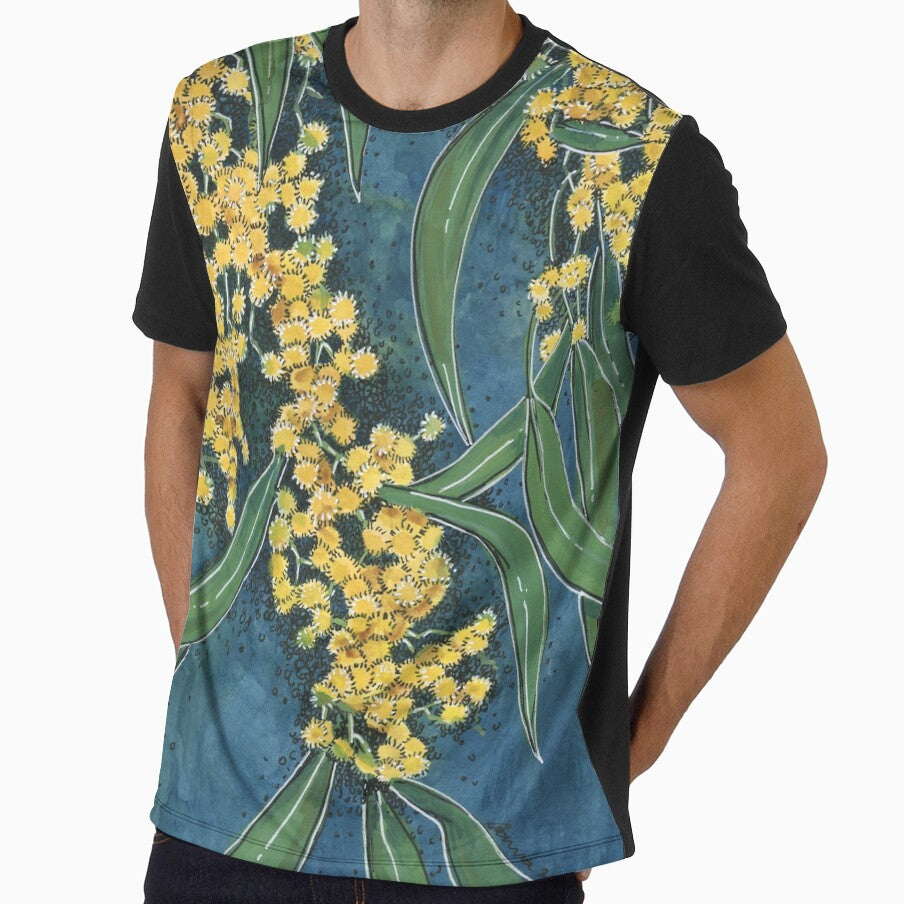 Yellow Golden Wattle flowers, watercolor fine art painting by Joan and Rose
