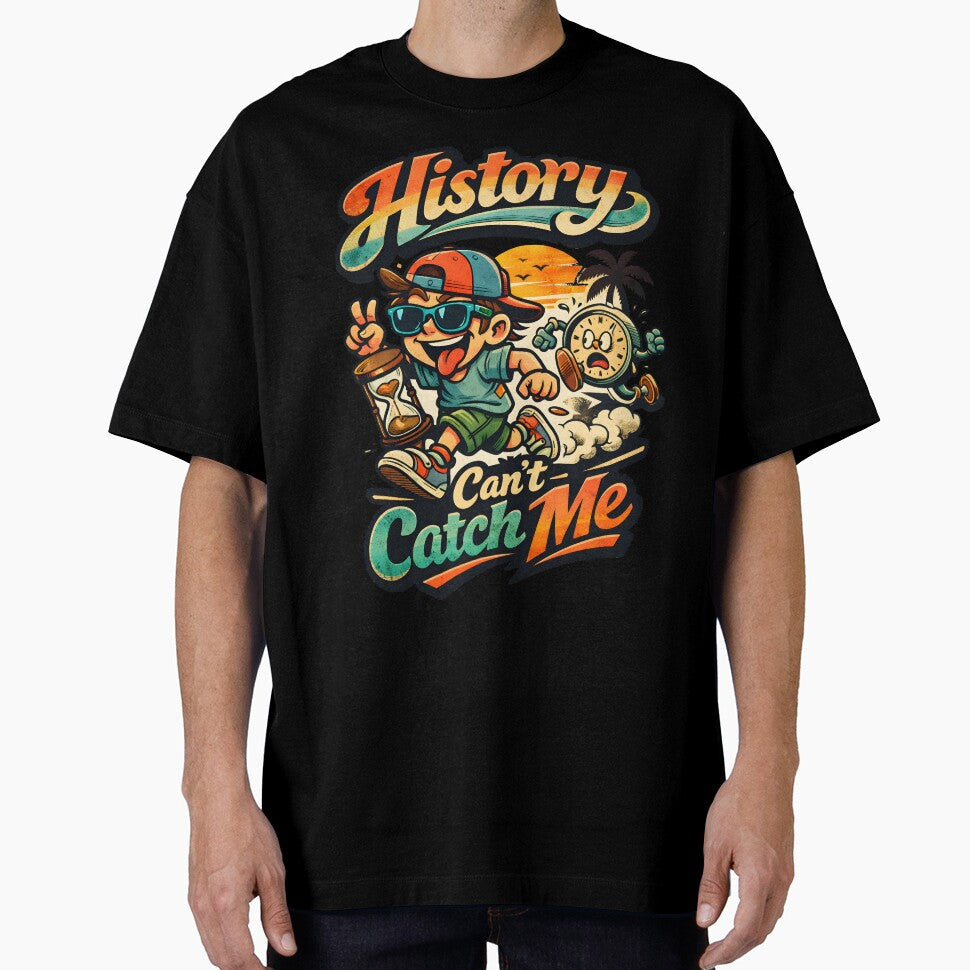 History Can't Catch Me Retro Pop Aesthetic - Funny Time Travel Satire Art - Vintage 90s Nostalgia Motivational Graphic for Streetwear & Posters - Summerween Beach Sunset Glitch Core Design by Vivaan Studio