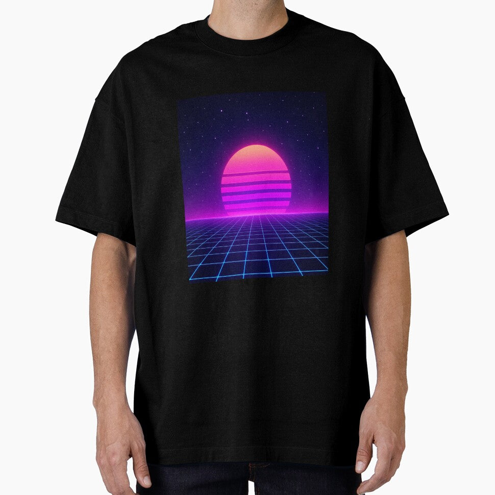 Neon Synthwave Horizon – Retro 80s Vaporwave Sunset Grid Landscape by Glownfun