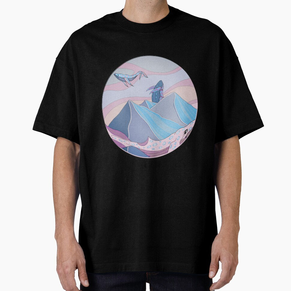 Colorful dreamcore whales above the mountains by Mindelens