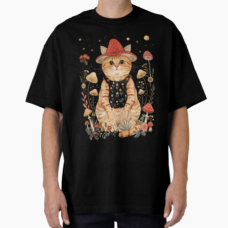 Cottagecore Mushroom Cat T-Shirt – Whimsical Cat in Red Mushroom Hat with Forest Flowers & Stars | Goblincore Aesthetic by Nyx Creates