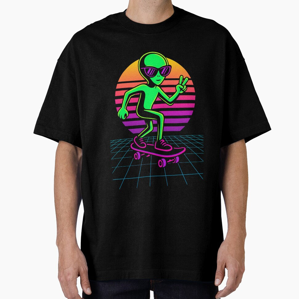 Neon Alien Skateboarding – Retro Sunset Vaporwave Tee by BambaKchula