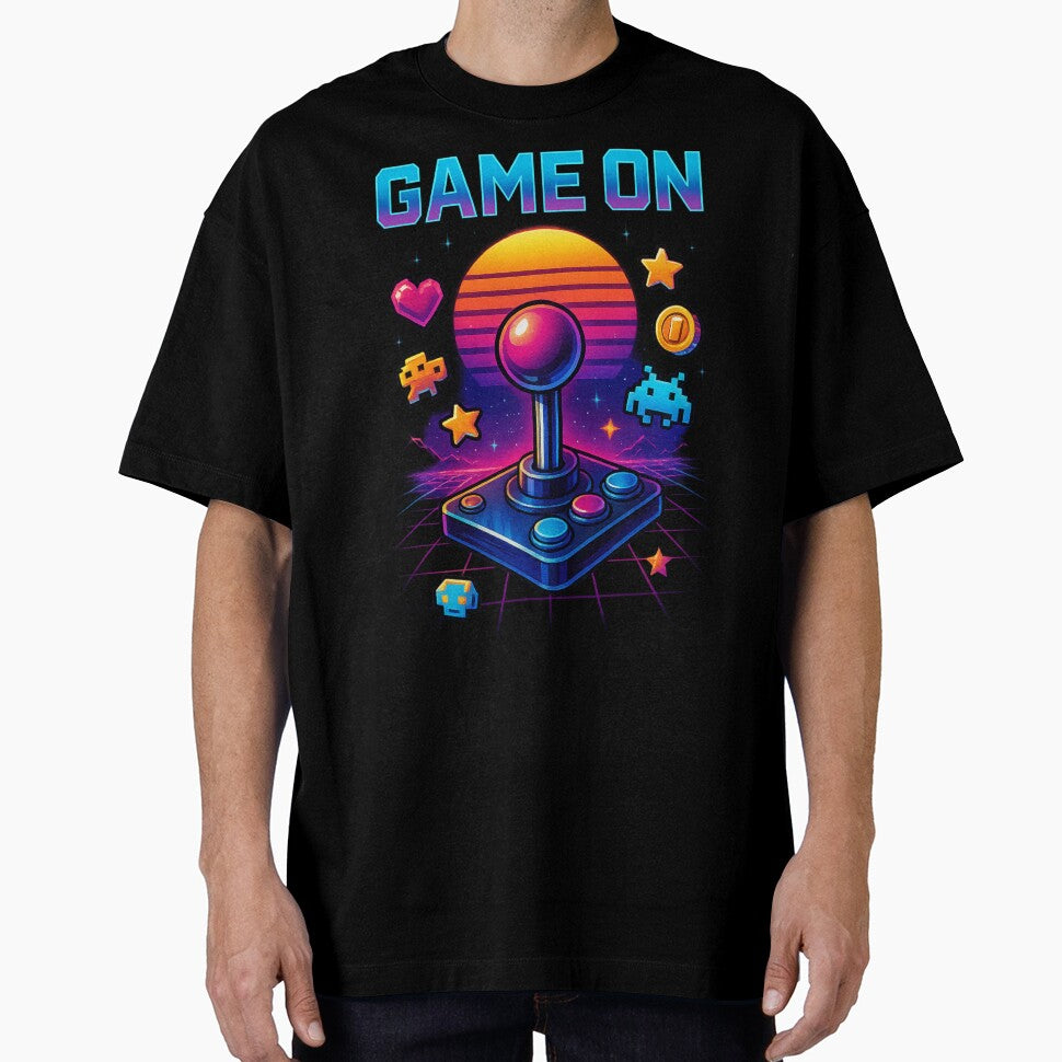 Retro Gaming Synthwave – Pixel Art Sunset with Neon Joystick by Designforyou86