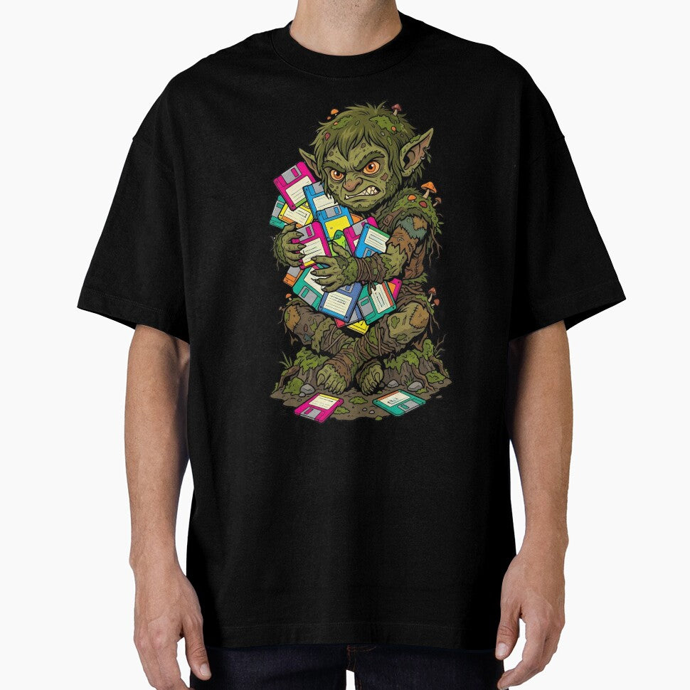 Cute Dirt Goblin Collecting Neon Floppy Disks - Dark Cottagecore & Vintage Tech by Mythic Ink Studio