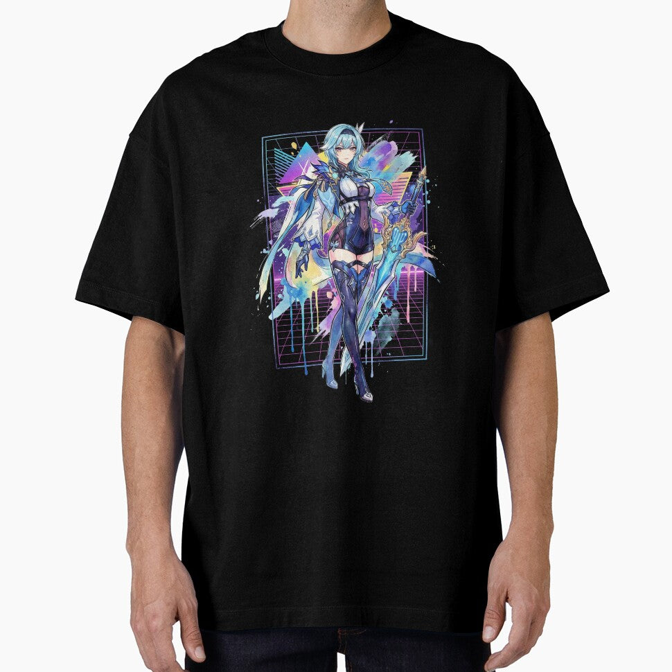 Genshin Impact Eula Vaporwave Neon Palm Tree Sunset Design by Senpaiwaves