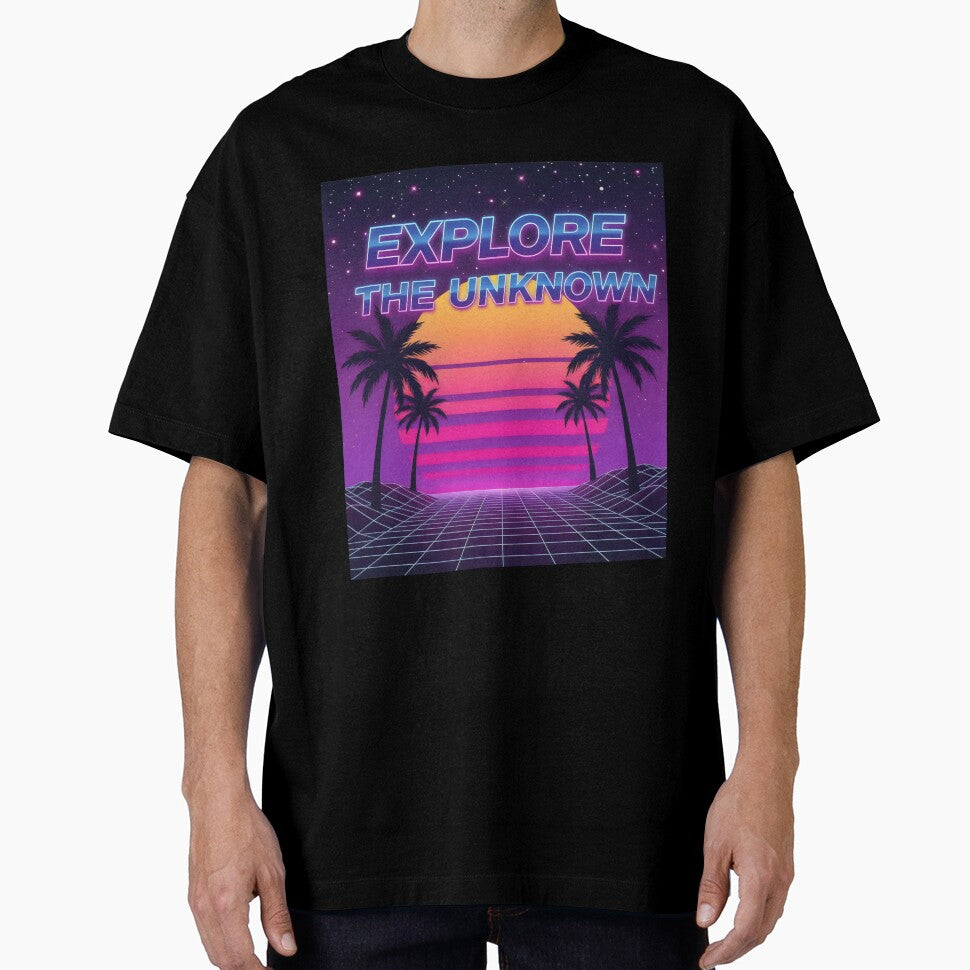 Explore the Unknown Synthwave Sunset Design with Grid, Palms and Retro Neon Vibes by SplashTastic