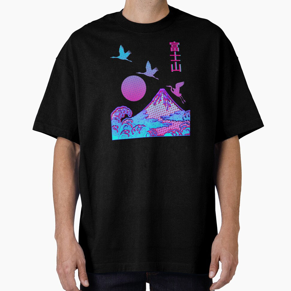 Vaporwave Art - Fuji Yama Japan Otaku Kanji Japanese Herons Rising Pink Sun by Hitagivapor