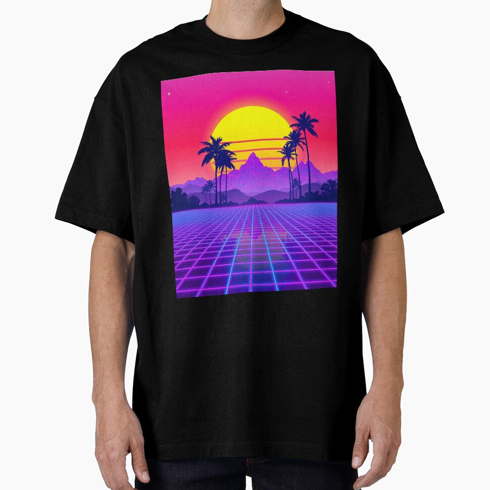 Retro 80s Synthwave Sunset – Neon Grid & Palm Trees by svarupa