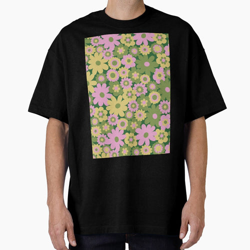 60s retro flower power, retro green, pink, mustard yellow, 60s groovy pattern, hippie flowers by blomastudios