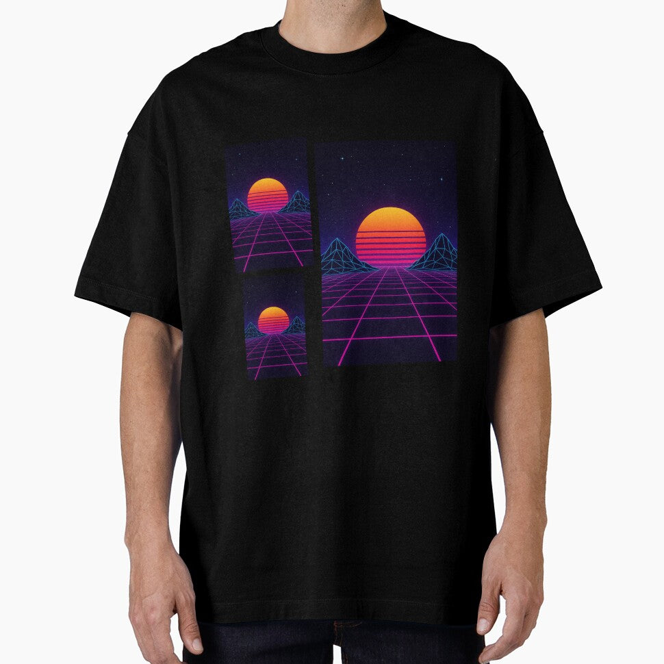 Neon Sunset Grid – Retro-Futuristic Synthwave Sticker by LuminousStudios