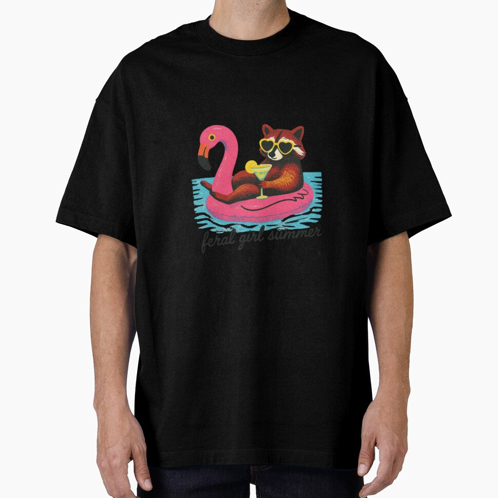 Feral Girl Summer | Raccoon on Flamingo Float Retro Graphic by HBDStudio