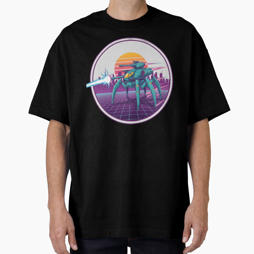 Retro Futuristic Mech Walker Neon Sunset Cyberpunk Battle. by The-T-In-Retro