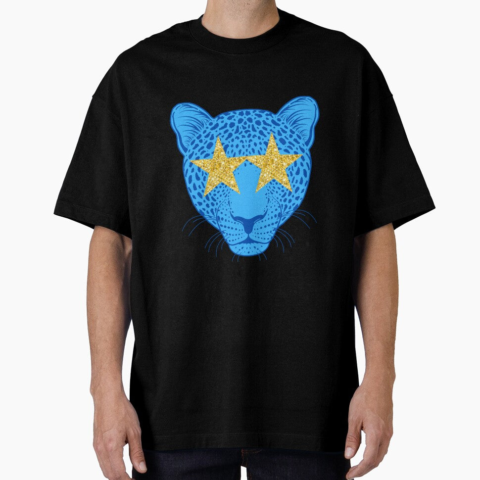 Star eyed preppy cheetah / panther / tiger with gold glittery eyes in blue by SUUSCK ★