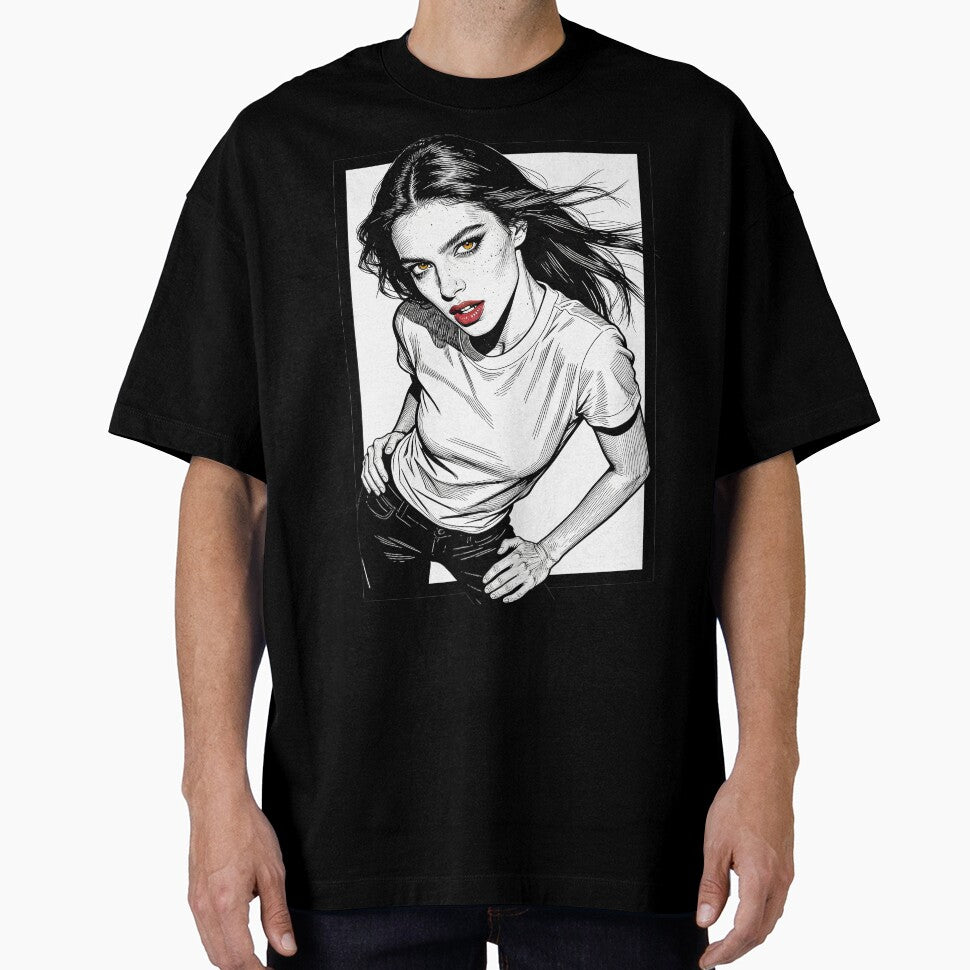 Intense Golden Stare & Red Lips - B&W Girl Line Art Crouch Pose by Azerof