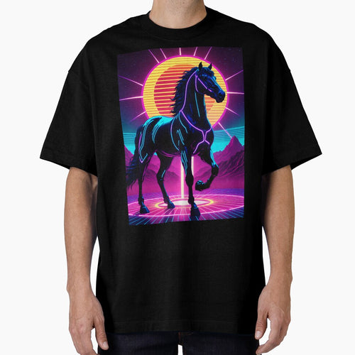 80s Retro Synthwave Neon Fire Horse Sunset by AuraPremiumArt