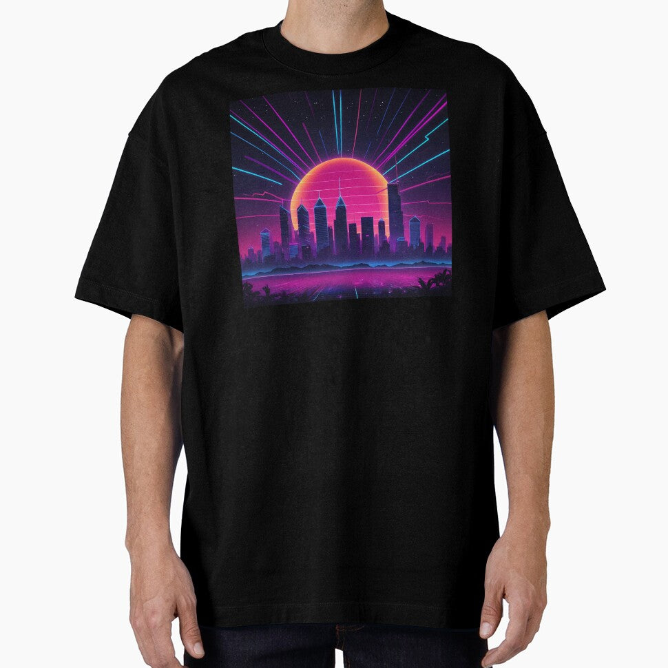 Retro Neon Synthwave Cityscape | Vaporwave Skyline Poster & Sticker by BlendArts