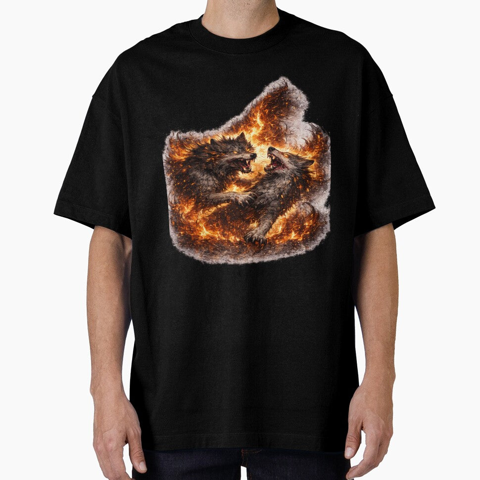 Alpha Wolf Battle T-Shirt – Dual Fire Wolves Dark Fantasy Graphic Tee by VivaThread