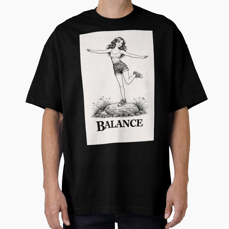 Balance Aesthetic Vintage Girl Black and White Minimalist Retro 70s Graphic Tee Design by VINTAGEPUNTEES