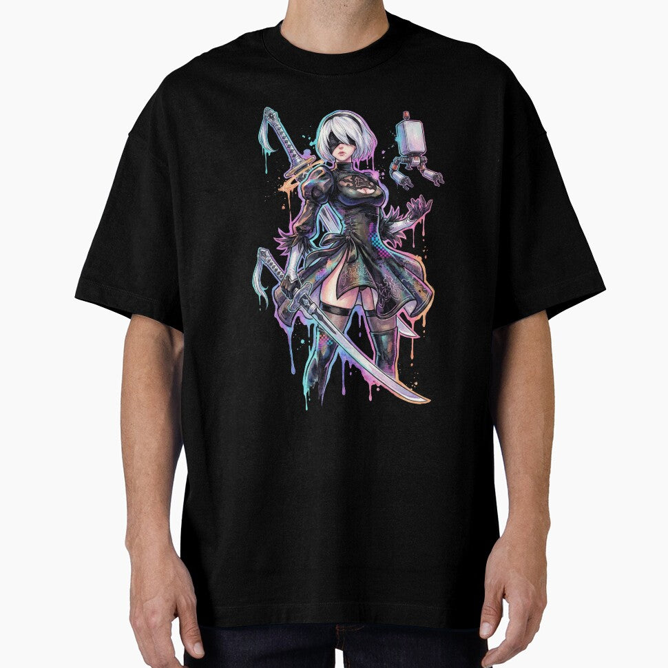 NieR Automata 2B Vaporwave Neon Japanese Text Overlay Design by Senpaiwaves