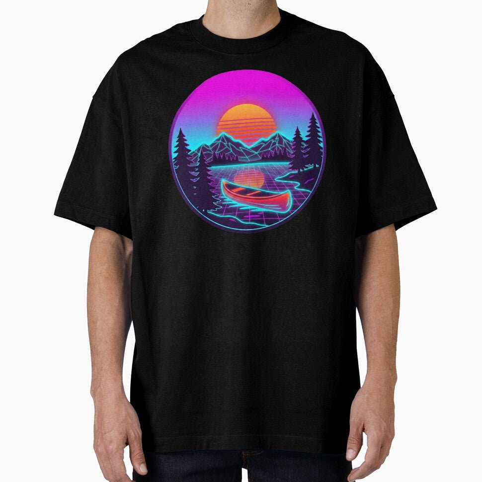 Neon Wilderness Canoe - Retro 80s Synthwave Sunset Aesthetic by MarCinu Art