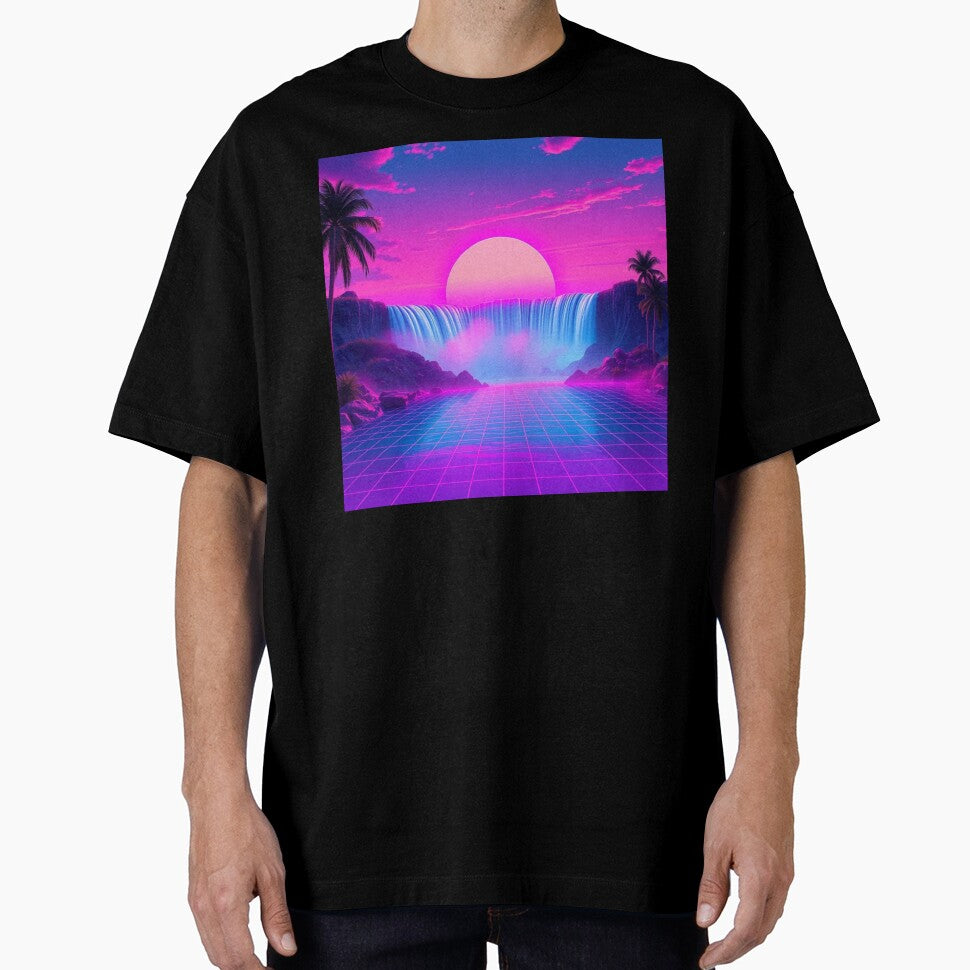 Vaporwave Waterfall Sunset Neon Grid Aesthetic Art Print - Synthwave Paradise Wall Decor by EllDAV777