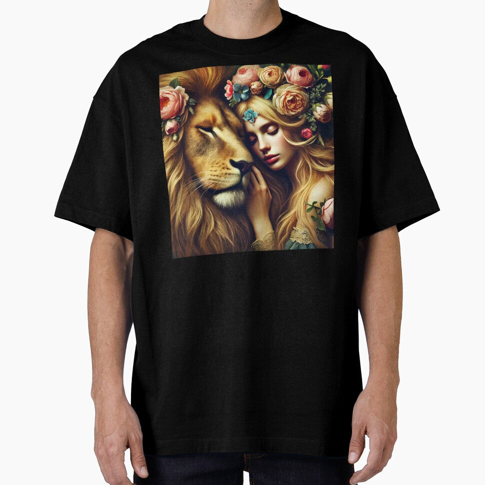 Yellow floral lion embrace with floral decorated blond ethereal girl fantasy illustration by EmeraldeaArt