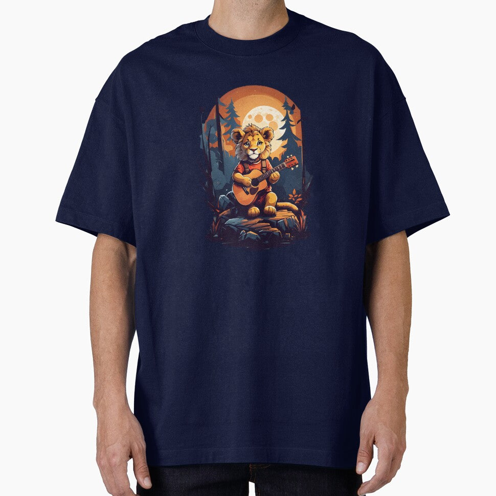 Romantic lion cub playing guitar at night cartoon graphic for kids T-Shirt by CedricNorbinho