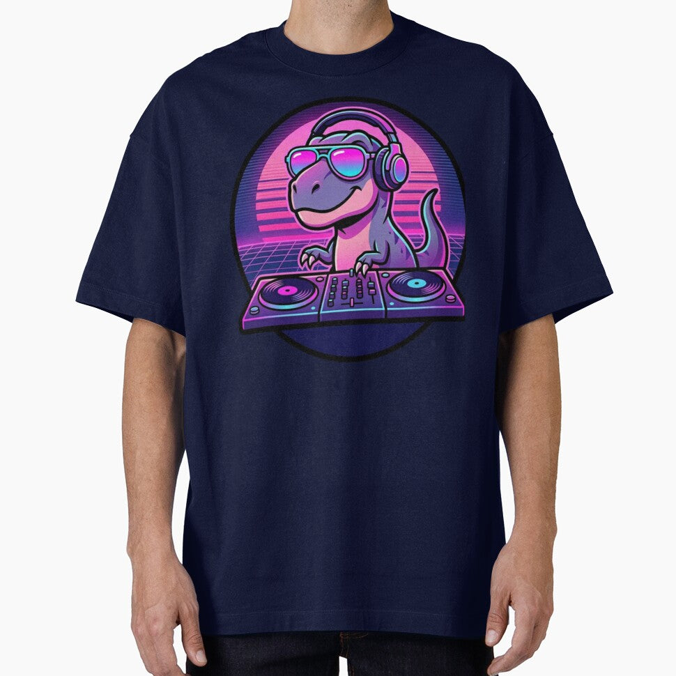 Сool Retro DJ T Rex with sunglasses Synthwave Sunset by crazygoose30