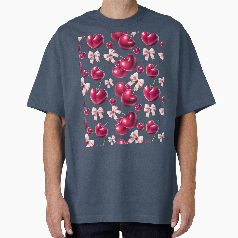 Coquette Cherry Pattern Pink Bow Aesthetic Soft Girl Tshirt by HopeAndHustle