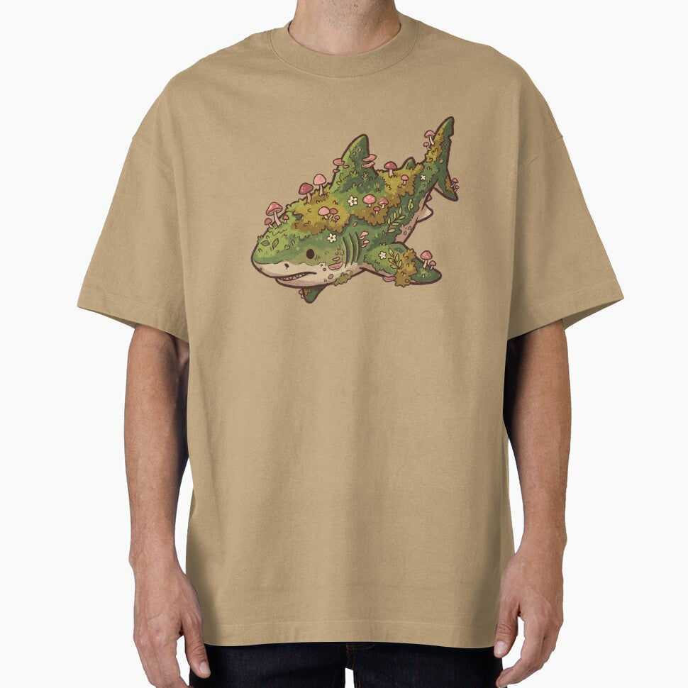 Mossy Shark Cute Ocean Creature with Mushrooms and Flowers, Goblincore Nature Art by Magnificent Lizard