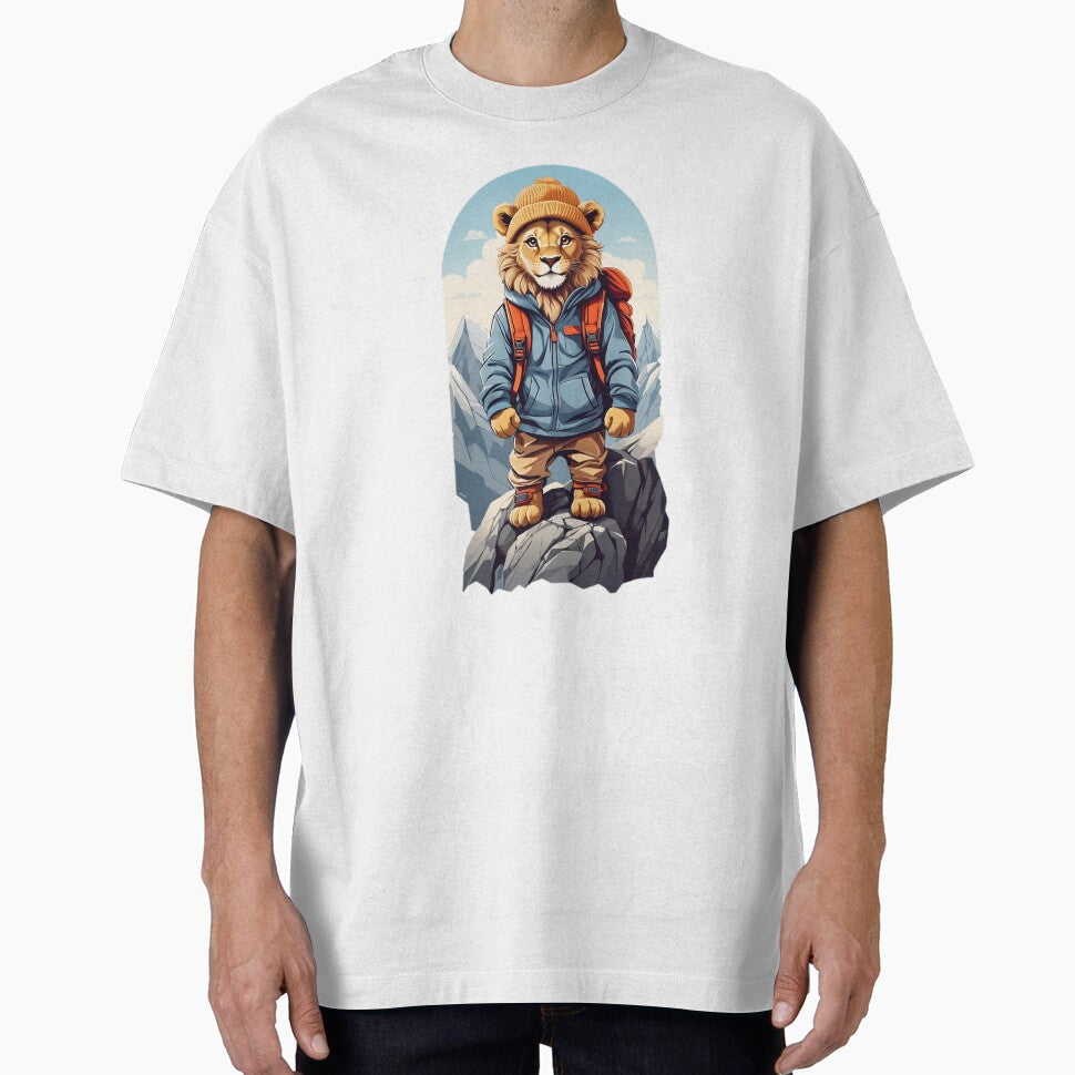 Young lion hiking in the mountains cartoon comic graphic for kids by CedricNorbinho