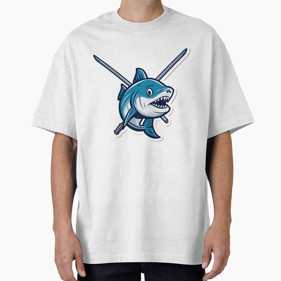 Savage Shark Warrior with Crossed Swords – Cartoon Predator Illustration by Kavya Art