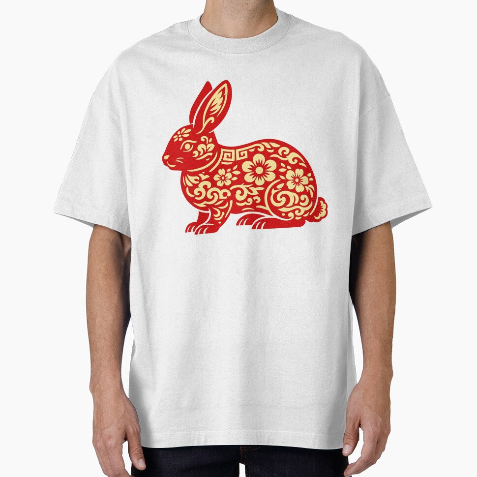Lunar New Year Rabbit Zodiac Papercut Art, Red Gold Chinese New Year Rabbit Illustration, Year of the Rabbit Design by Vendeloc