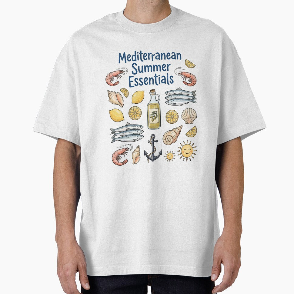 Mediterranean Summer Essentials Shirt - Cute Italian Coastal Collage Graphic Tee - Retro Seafood and Citrus T-Shirt, Sardine Shrimp Lemon Apparel, Euro Summer Gift by justyna-s28