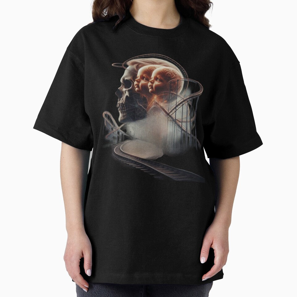 Vintage Twin Dolls and Skull Rollercoaster Surreal Art by LujziWorld